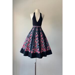 1950s Pink Floral Black Panel Skirt | XL/XXL